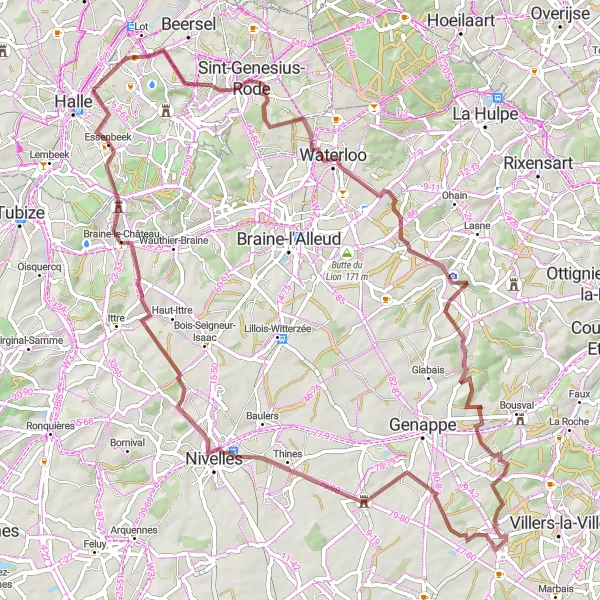 Karten-Miniaturansicht der Radinspiration "Gravel-Abenteuer durch Waterloo und Umgebung" in Prov. Vlaams-Brabant, Belgium. Erstellt vom Tarmacs.app-Routenplaner für Radtouren