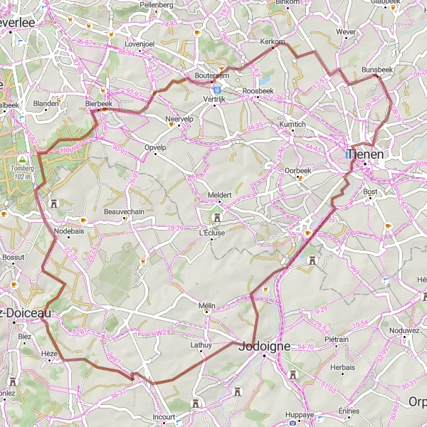 Miniatuurkaart van de fietsinspiratie "Gravelroute rond Bunsbeek" in Prov. Vlaams-Brabant, Belgium. Gemaakt door de Tarmacs.app fietsrouteplanner
