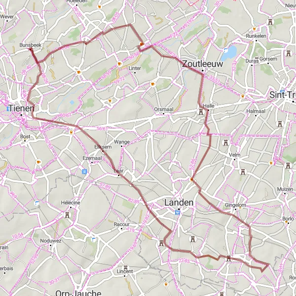 Map miniature of "Bunsbeek Gravel Loop" cycling inspiration in Prov. Vlaams-Brabant, Belgium. Generated by Tarmacs.app cycling route planner