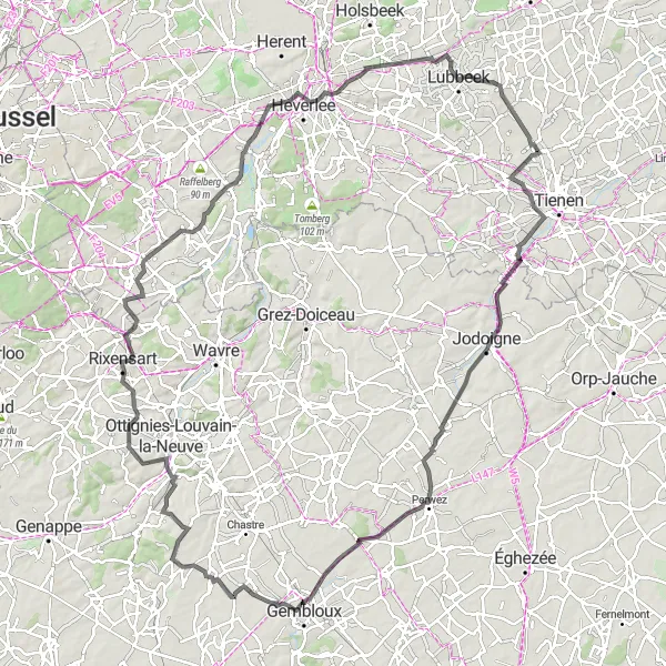 Map miniature of "Bunsbeek Road Route" cycling inspiration in Prov. Vlaams-Brabant, Belgium. Generated by Tarmacs.app cycling route planner