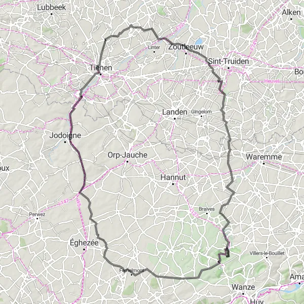 Map miniature of "Zoutleeuw and Panoramabassin" cycling inspiration in Prov. Vlaams-Brabant, Belgium. Generated by Tarmacs.app cycling route planner