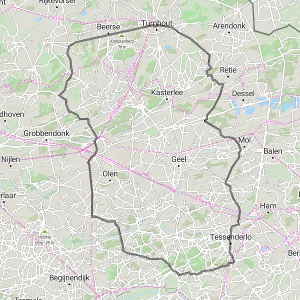 Karten-Miniaturansicht der Radinspiration "Rennradroute von Deurne nach Berg" in Prov. Vlaams-Brabant, Belgium. Erstellt vom Tarmacs.app-Routenplaner für Radtouren