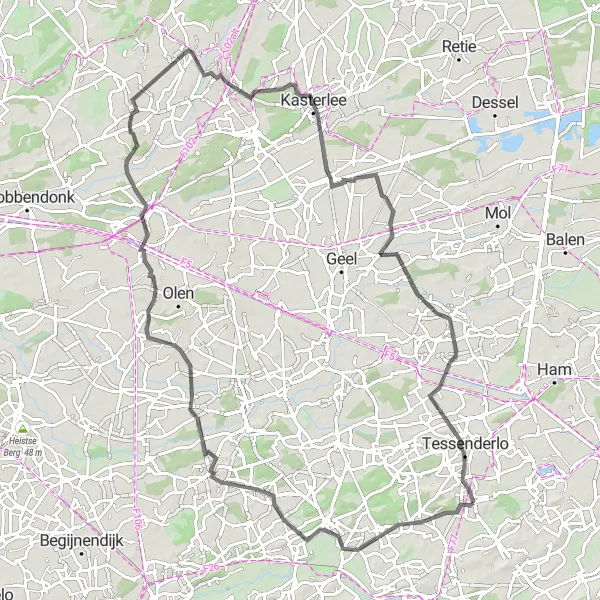 Miniature de la carte de l'inspiration cycliste "Tour des villages flamands" dans la Prov. Vlaams-Brabant, Belgium. Générée par le planificateur d'itinéraire cycliste Tarmacs.app