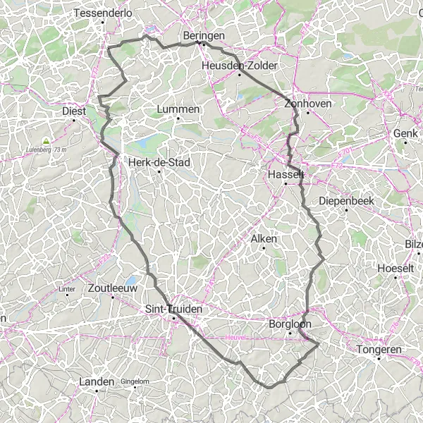 Map miniature of "Scenic Circuit of Zolder" cycling inspiration in Prov. Vlaams-Brabant, Belgium. Generated by Tarmacs.app cycling route planner