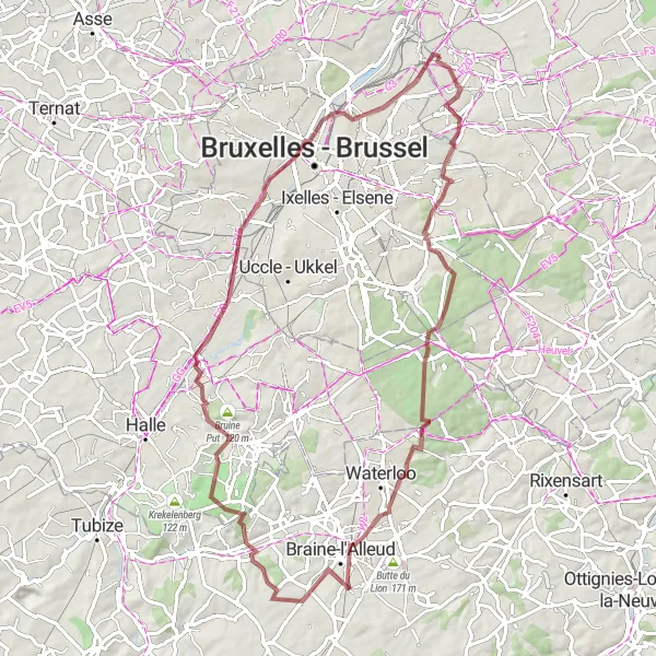 Map miniature of "Gravel route from Diegem to Oudergem" cycling inspiration in Prov. Vlaams-Brabant, Belgium. Generated by Tarmacs.app cycling route planner