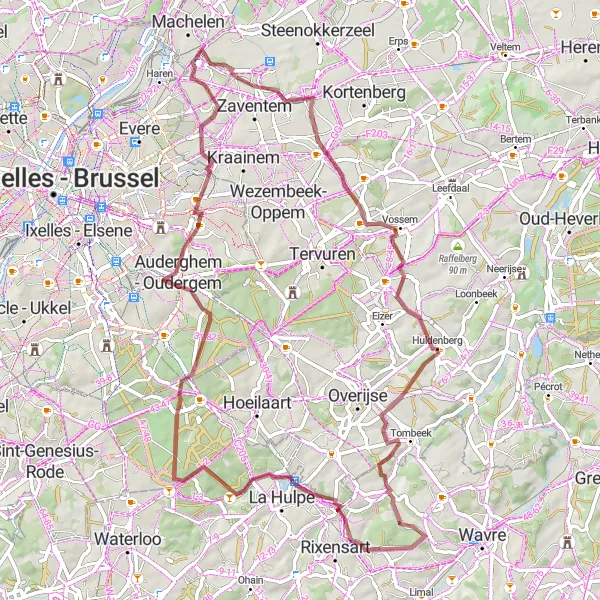 Map miniature of "Gravel route from Diegem to Vossem" cycling inspiration in Prov. Vlaams-Brabant, Belgium. Generated by Tarmacs.app cycling route planner