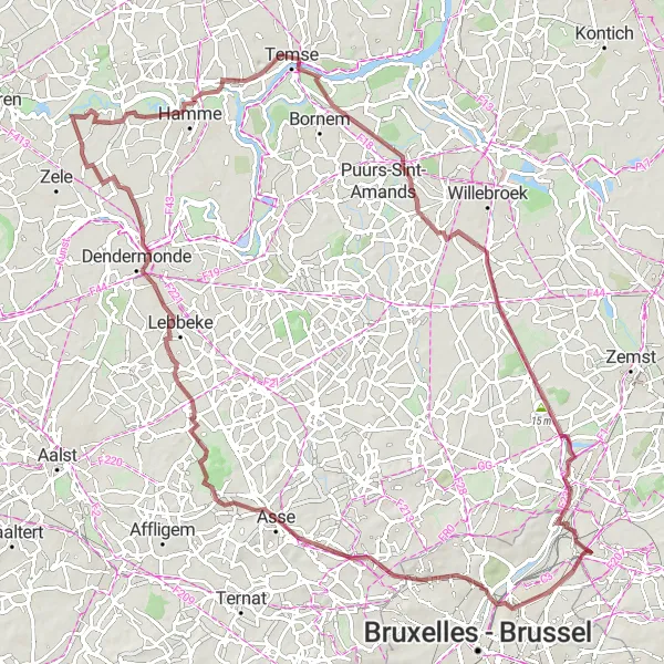 Map miniature of "Brussels Gravel Loop" cycling inspiration in Prov. Vlaams-Brabant, Belgium. Generated by Tarmacs.app cycling route planner