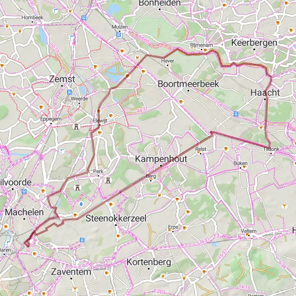 Karten-Miniaturansicht der Radinspiration "Diegem nach Kasteel van Melsbroek Schottertour" in Prov. Vlaams-Brabant, Belgium. Erstellt vom Tarmacs.app-Routenplaner für Radtouren