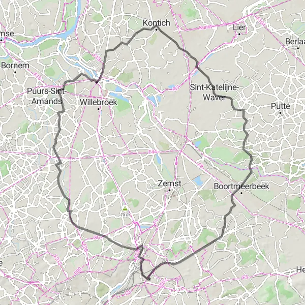 Miniature de la carte de l'inspiration cycliste "Parcours à vélo de route autour de Diegem" dans la Prov. Vlaams-Brabant, Belgium. Générée par le planificateur d'itinéraire cycliste Tarmacs.app