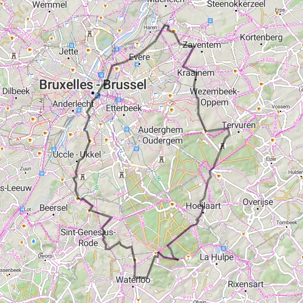 Map miniature of "Road route from Diegem to Waterloo" cycling inspiration in Prov. Vlaams-Brabant, Belgium. Generated by Tarmacs.app cycling route planner