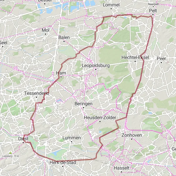 Miniature de la carte de l'inspiration cycliste "Itinéraire de gravel de Diest à Zolder à travers la nature" dans la Prov. Vlaams-Brabant, Belgium. Générée par le planificateur d'itinéraire cycliste Tarmacs.app