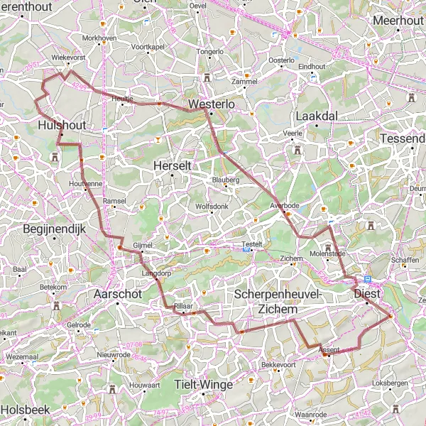 Miniatuurkaart van de fietsinspiratie "Avontuurlijke gravelroute door Assent en Westerlo" in Prov. Vlaams-Brabant, Belgium. Gemaakt door de Tarmacs.app fietsrouteplanner