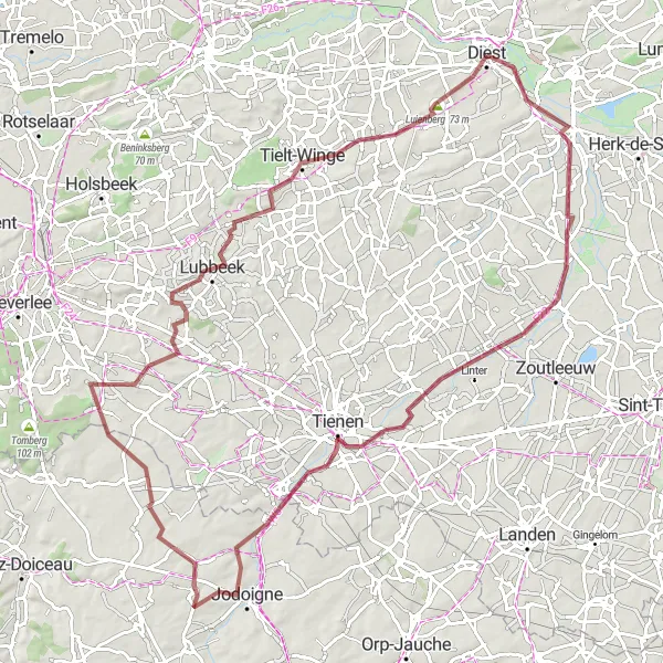 Map miniature of "Diest to Luienberg Gravel Route" cycling inspiration in Prov. Vlaams-Brabant, Belgium. Generated by Tarmacs.app cycling route planner