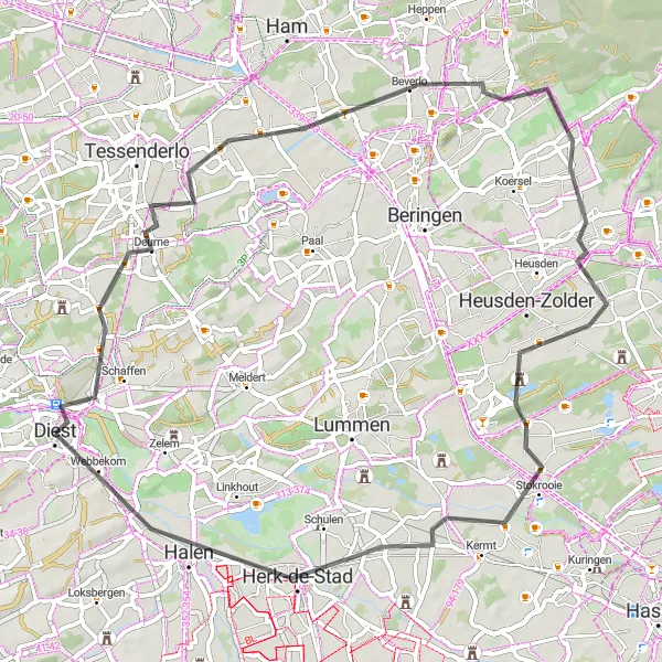 Map miniature of "Zolder and Herk-de-Stad Loop" cycling inspiration in Prov. Vlaams-Brabant, Belgium. Generated by Tarmacs.app cycling route planner