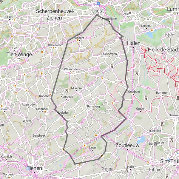 Miniatuurkaart van de fietsinspiratie "Fietsroute Webbekom - Assent" in Prov. Vlaams-Brabant, Belgium. Gemaakt door de Tarmacs.app fietsrouteplanner