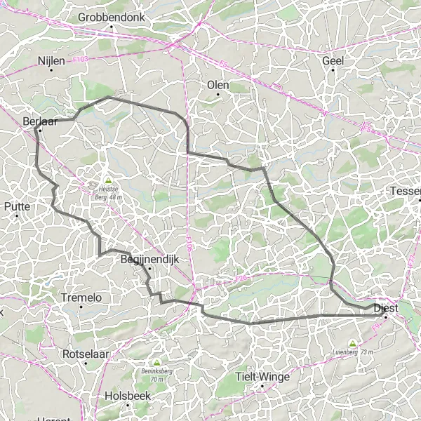 Miniatuurkaart van de fietsinspiratie "Groene oases en historische plekken in de buurt van Diest" in Prov. Vlaams-Brabant, Belgium. Gemaakt door de Tarmacs.app fietsrouteplanner