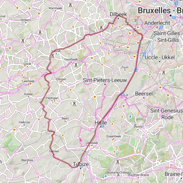 Miniature de la carte de l'inspiration cycliste "Les sentiers champêtres de Dilbeek" dans la Prov. Vlaams-Brabant, Belgium. Générée par le planificateur d'itinéraire cycliste Tarmacs.app