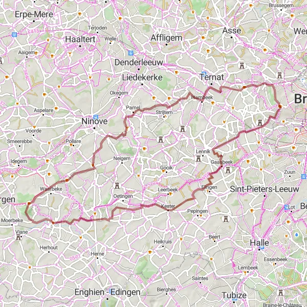 Miniatuurkaart van de fietsinspiratie "Gravelroute naar Gaasbeek en Galmaarden" in Prov. Vlaams-Brabant, Belgium. Gemaakt door de Tarmacs.app fietsrouteplanner