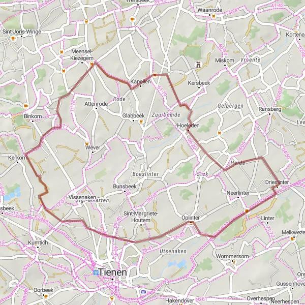 Miniature de la carte de l'inspiration cycliste "Aventure gravel entre campagne et villages" dans la Prov. Vlaams-Brabant, Belgium. Générée par le planificateur d'itinéraire cycliste Tarmacs.app