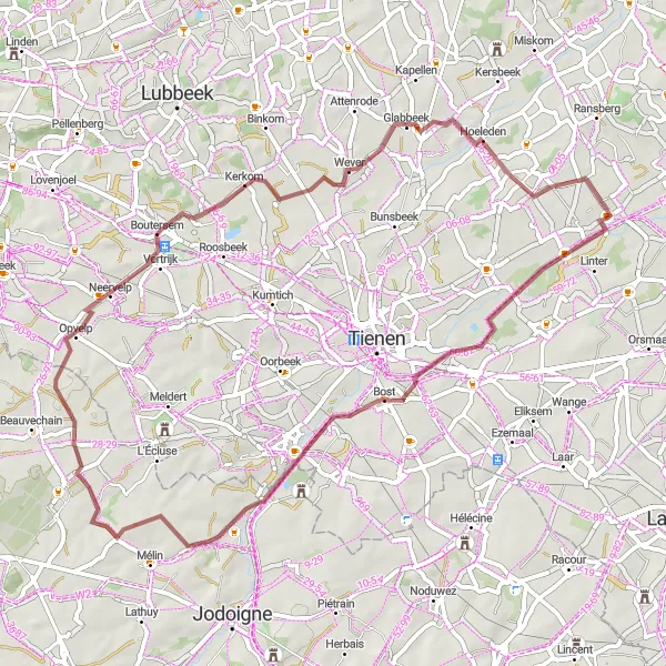 Map miniature of "The Zétrud-Lumay Gravel Adventure" cycling inspiration in Prov. Vlaams-Brabant, Belgium. Generated by Tarmacs.app cycling route planner