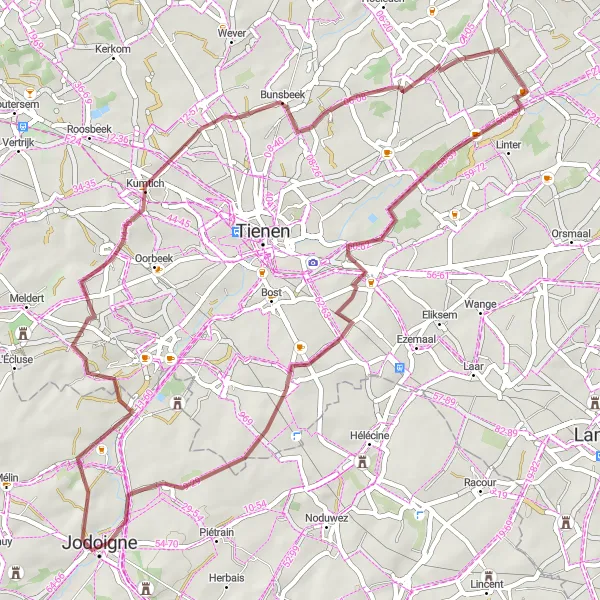 Map miniature of "The Jodoigne Gravel Challenge" cycling inspiration in Prov. Vlaams-Brabant, Belgium. Generated by Tarmacs.app cycling route planner