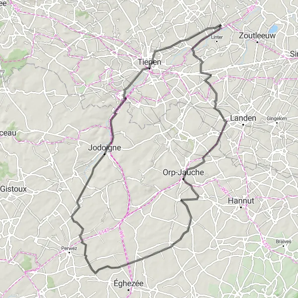 Miniatuurkaart van de fietsinspiratie "Jodoigne-Souveraine Roadroute" in Prov. Vlaams-Brabant, Belgium. Gemaakt door de Tarmacs.app fietsrouteplanner
