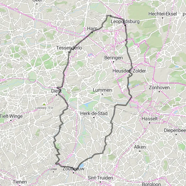 Map miniature of "Drieslinter Afternoon Ride" cycling inspiration in Prov. Vlaams-Brabant, Belgium. Generated by Tarmacs.app cycling route planner