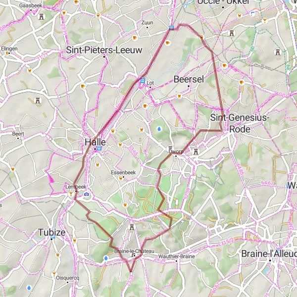 Miniatuurkaart van de fietsinspiratie "Avontuurlijke gravelroute van Drogenbos naar Ruisbroek" in Prov. Vlaams-Brabant, Belgium. Gemaakt door de Tarmacs.app fietsrouteplanner