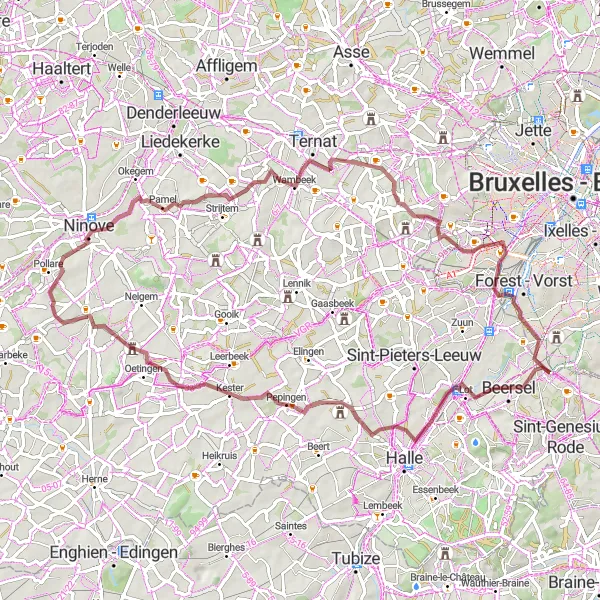 Miniatuurkaart van de fietsinspiratie "Uitdagende gravelroute van Beersel naar Forest" in Prov. Vlaams-Brabant, Belgium. Gemaakt door de Tarmacs.app fietsrouteplanner