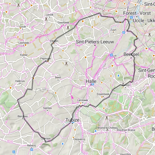 Map miniature of "Drogenbos - Gaasbeek Castle Loop" cycling inspiration in Prov. Vlaams-Brabant, Belgium. Generated by Tarmacs.app cycling route planner