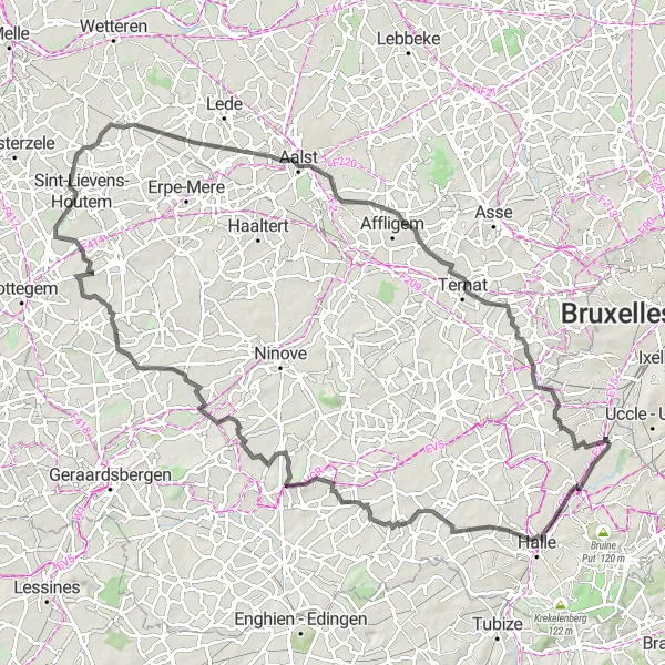 Miniatuurkaart van de fietsinspiratie "Fietsroute vanuit Drogenbos naar Zuun via Aalst" in Prov. Vlaams-Brabant, Belgium. Gemaakt door de Tarmacs.app fietsrouteplanner