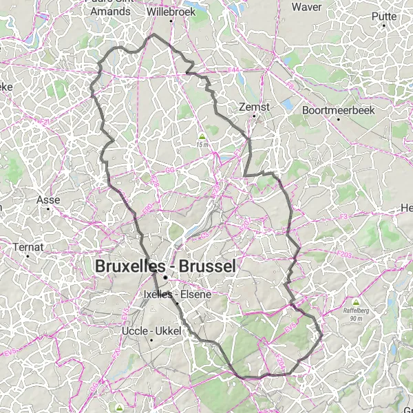 Map miniature of "The Historic Road Circuit" cycling inspiration in Prov. Vlaams-Brabant, Belgium. Generated by Tarmacs.app cycling route planner