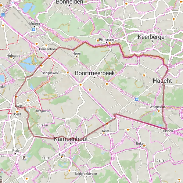 Miniatuurkaart van de fietsinspiratie "Korte Graveltocht door Haacht en Rijmenam" in Prov. Vlaams-Brabant, Belgium. Gemaakt door de Tarmacs.app fietsrouteplanner