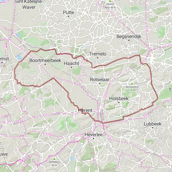 Miniatuurkaart van de fietsinspiratie "Gravelavontuur via Leuven en Werchter" in Prov. Vlaams-Brabant, Belgium. Gemaakt door de Tarmacs.app fietsrouteplanner