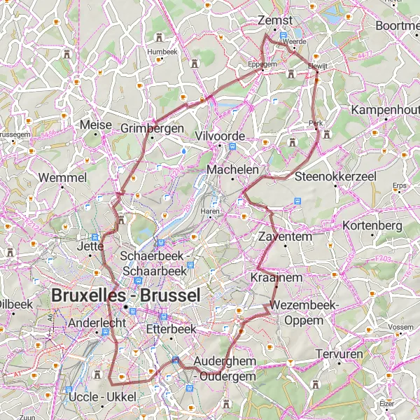 Karten-Miniaturansicht der Radinspiration "Gravel Tour durch Zaventem und Atomium" in Prov. Vlaams-Brabant, Belgium. Erstellt vom Tarmacs.app-Routenplaner für Radtouren