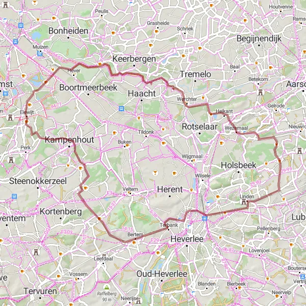 Map miniature of "Elewijt to Kessel-Lo Gravel Adventure" cycling inspiration in Prov. Vlaams-Brabant, Belgium. Generated by Tarmacs.app cycling route planner