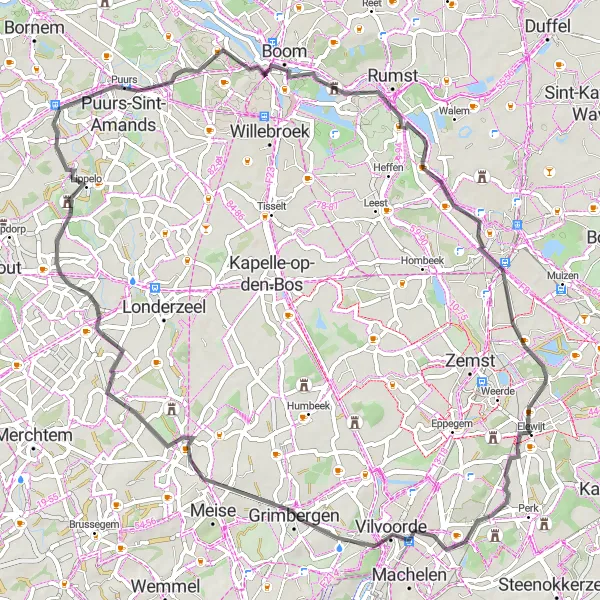 Miniatuurkaart van de fietsinspiratie "Grimbergen en Mechelen Fietsroute" in Prov. Vlaams-Brabant, Belgium. Gemaakt door de Tarmacs.app fietsrouteplanner