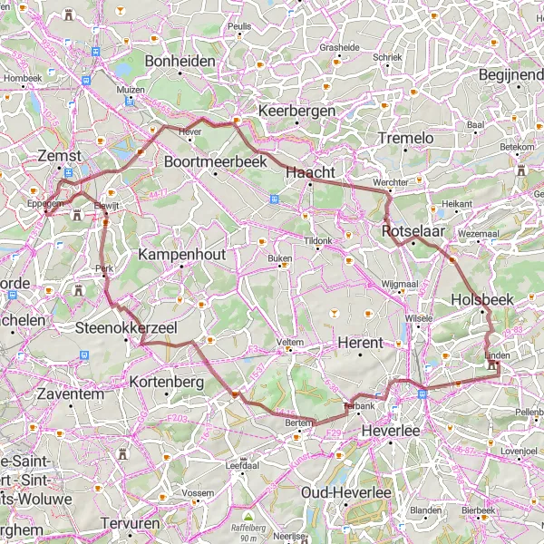 Map miniature of "Scenic Gravel Ride through Zemst and Leuven" cycling inspiration in Prov. Vlaams-Brabant, Belgium. Generated by Tarmacs.app cycling route planner