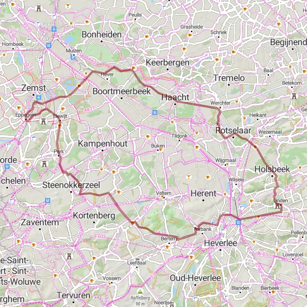 Miniatuurkaart van de fietsinspiratie "Gravelpad door het groene Vlaams-Brabant" in Prov. Vlaams-Brabant, Belgium. Gemaakt door de Tarmacs.app fietsrouteplanner