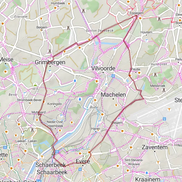 Map miniature of "Off-road Adventure through Evere and Grimbergen" cycling inspiration in Prov. Vlaams-Brabant, Belgium. Generated by Tarmacs.app cycling route planner