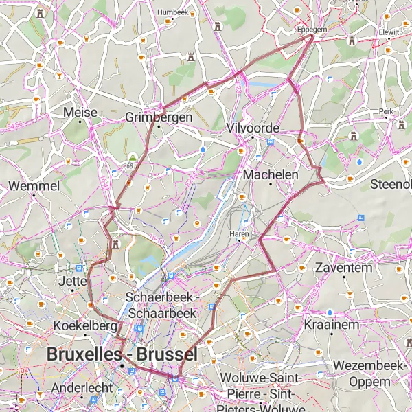 Map miniature of "Epic Gravel Adventure through Evere and Grimbergen" cycling inspiration in Prov. Vlaams-Brabant, Belgium. Generated by Tarmacs.app cycling route planner