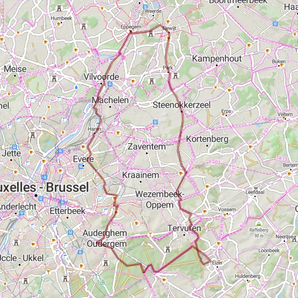 Miniatuurkaart van de fietsinspiratie "Avontuurlijk gravelpad rondom Eppegem" in Prov. Vlaams-Brabant, Belgium. Gemaakt door de Tarmacs.app fietsrouteplanner