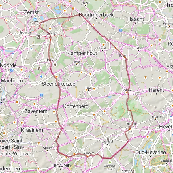 Map miniature of "The Gravel Adventure" cycling inspiration in Prov. Vlaams-Brabant, Belgium. Generated by Tarmacs.app cycling route planner