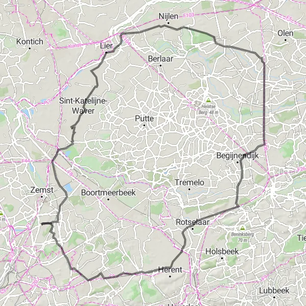 Map miniature of "The Lier Adventure" cycling inspiration in Prov. Vlaams-Brabant, Belgium. Generated by Tarmacs.app cycling route planner