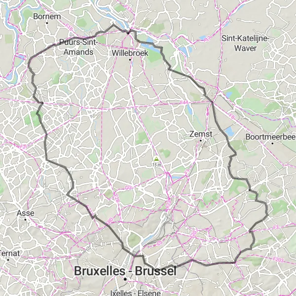 Miniature de la carte de l'inspiration cycliste "Boucle à travers les collines du Brabant flamand" dans la Prov. Vlaams-Brabant, Belgium. Générée par le planificateur d'itinéraire cycliste Tarmacs.app