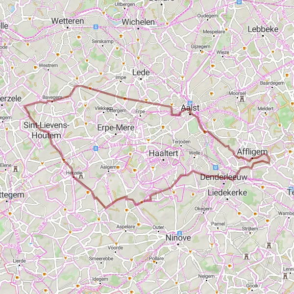 Miniatuurkaart van de fietsinspiratie "Gravelroute via Lebeke, Bavegem, Aalst en Affligem" in Prov. Vlaams-Brabant, Belgium. Gemaakt door de Tarmacs.app fietsrouteplanner