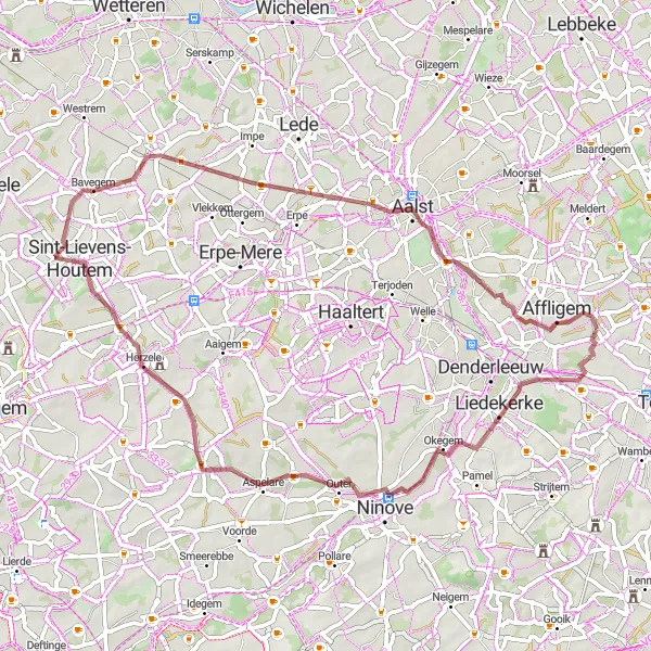 Map miniature of "Okegem - Woubrechtegem - Bavegem - Aalst - Affligem Gravel Route" cycling inspiration in Prov. Vlaams-Brabant, Belgium. Generated by Tarmacs.app cycling route planner