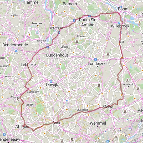 Miniature de la carte de l'inspiration cycliste "Exploration champêtre en gravel près d'Essene" dans la Prov. Vlaams-Brabant, Belgium. Générée par le planificateur d'itinéraire cycliste Tarmacs.app