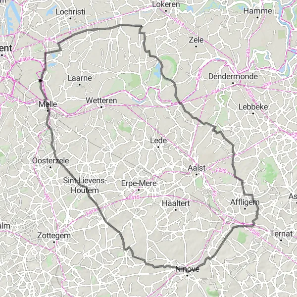 Miniatuurkaart van de fietsinspiratie "Wegroute via Ninove en Berlare" in Prov. Vlaams-Brabant, Belgium. Gemaakt door de Tarmacs.app fietsrouteplanner