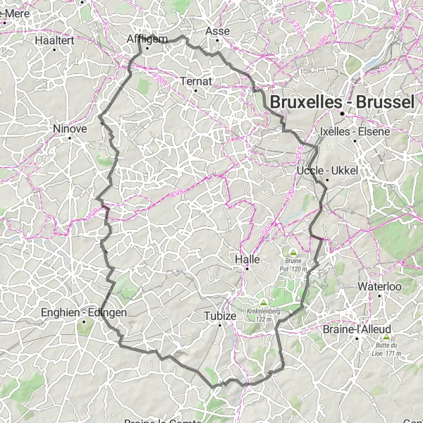 Miniatuurkaart van de fietsinspiratie "Wegroute via Dilbeek en Brussel skyline" in Prov. Vlaams-Brabant, Belgium. Gemaakt door de Tarmacs.app fietsrouteplanner